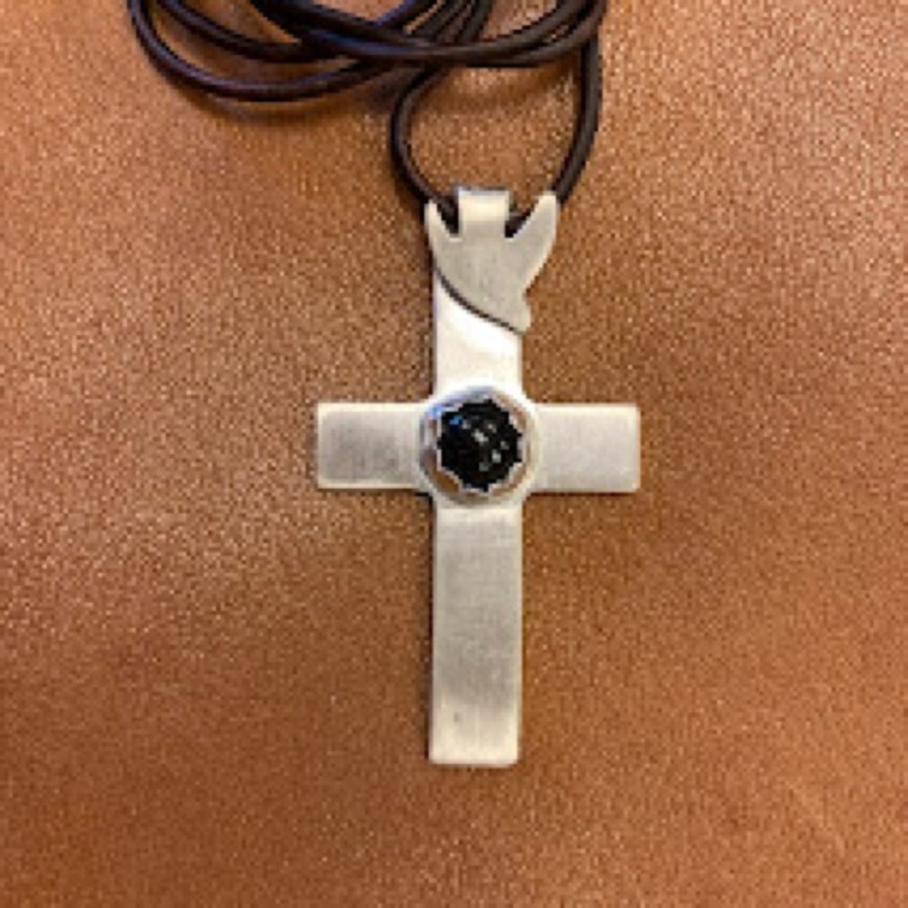 Silver Dove Cross Pendant with Black Gemstone